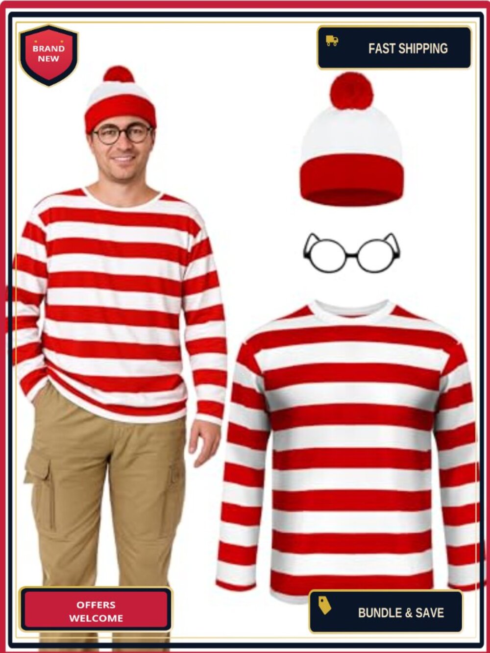 Men's Halloween Costume Striped Shirt with Hat & Glasses Frames Adult Cosplay